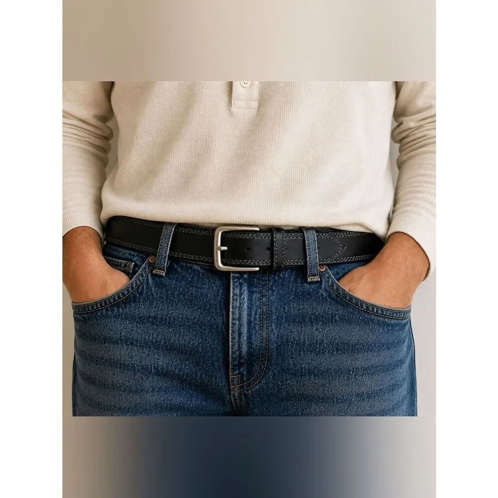 Black Genuine Leather Belt Gray Stitching Silver Buckle Size 46